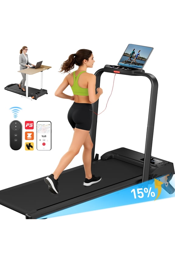 Treadmill with APP,2 in 1 Portable Treadmill with 3-Level Incline,Walking Pad with Handle Bar for Home and Office, 2.5 HP Quiet Walking Jogging Running Machine with LED Display