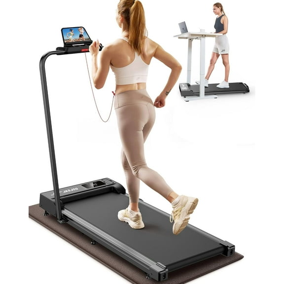 Walking Pad with Handle Bar, 2 in 1 6.2MPH Under Desk Treadmills with Gym Mat, 2.5 HP Folding Treadmill with Remote & Touch Control for Home Office, 265 LBS Capability