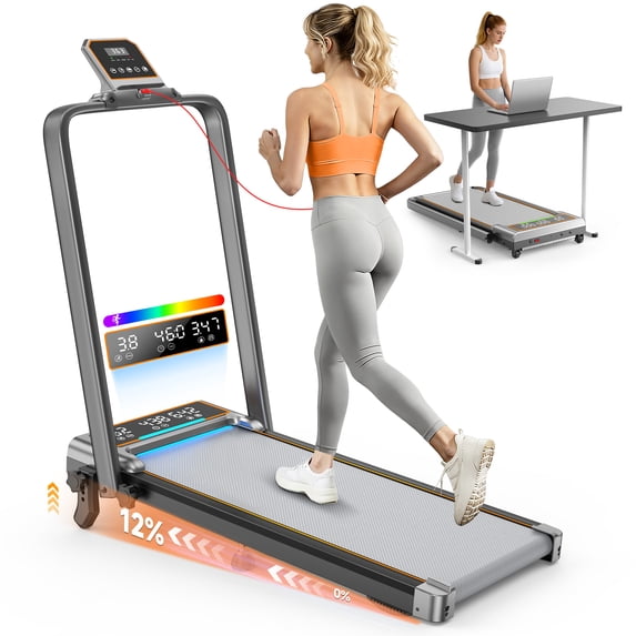 Walking Pad Treadmill with 12% Incline & Dual LED Display, 4 in 1 Walking Pad with Handle Bar, 3.5HP Foldable Under Desk Treadmill, Portable Treadmills for Home 350LBS, 4 Adjustable Incline