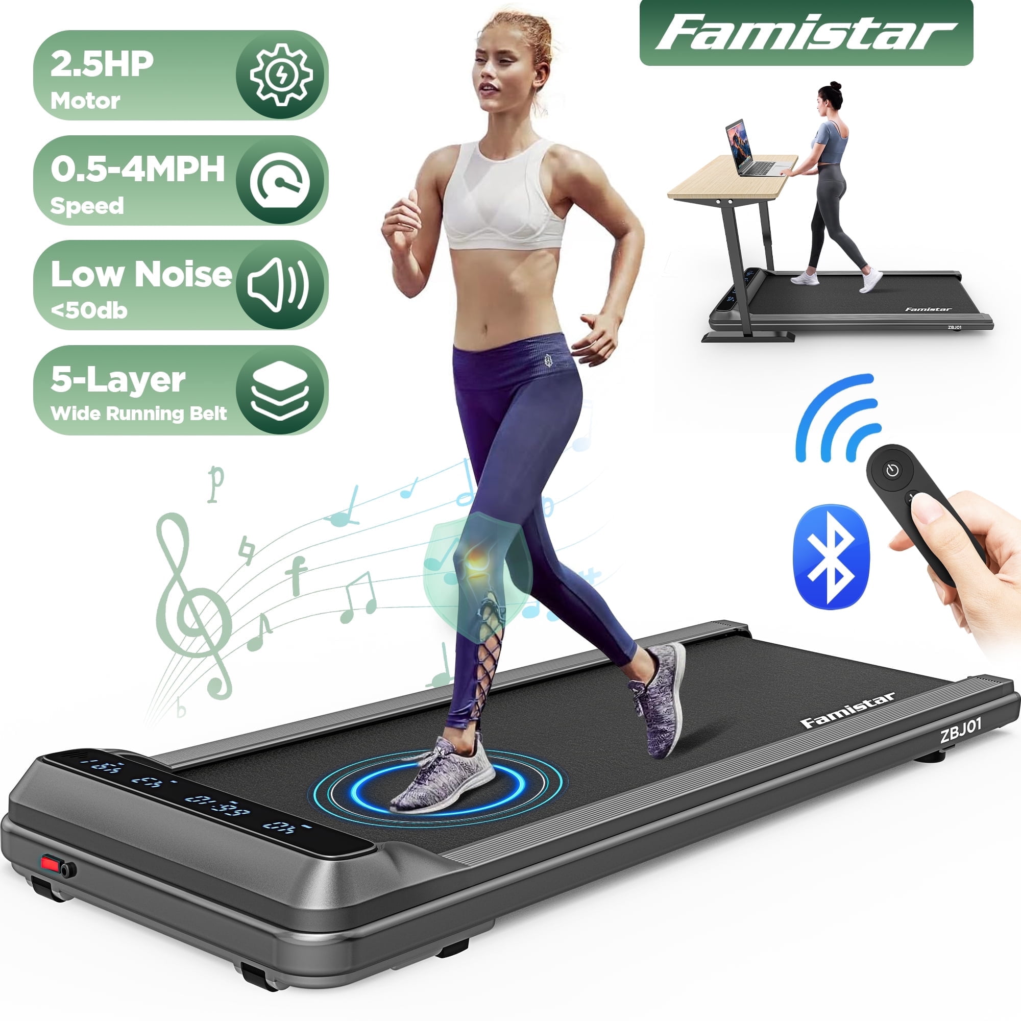 Walking Pad Treadmill, 2.5HP Under Desk Treadmill for Home, Remote Control Portable Small Treadmill w/ 265 lbs Capacity, Electric Jogging Running Machine, LCD Display, HiFi Bluetooth Speaker