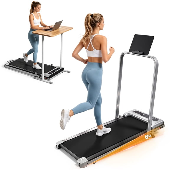 Walking Pad Treadmill with Handle Bar & Adjustable Incline, Foldable Portable Treadmills for Home Office, Quiet Under Desk Treadmill, 265 LBS Capacity, Silver
