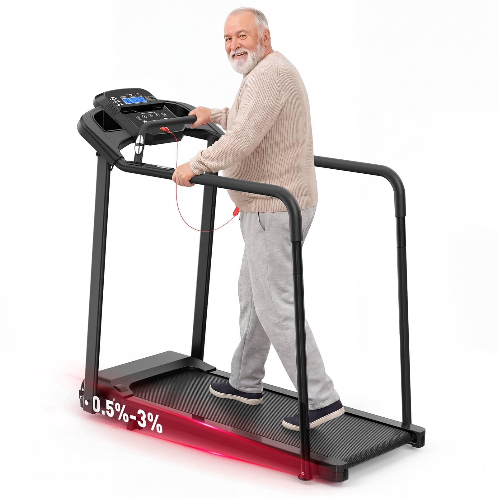 Walking Pad Treadmill for Senior with Long Handrails, Foldable Walking Treadmill for Home, Large LED Display for Elderly, 0.5–3% Incline, 300 Lbs Capacity