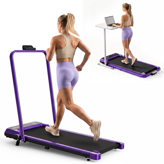 Walking Pad Treadmill with Handle Bar & 6% Adjustable Incline, Foldable Portable Treadmills for Home Office, Quiet Under Desk Treadmill, Purple
