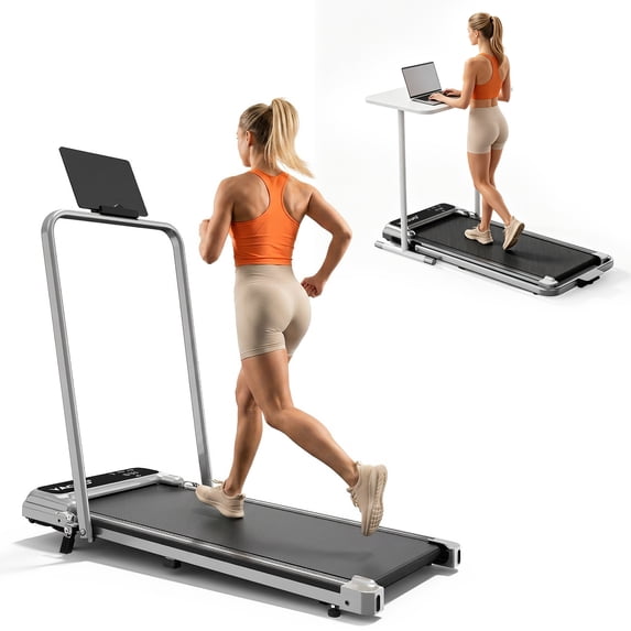 Walking Pad Treadmill with Handle Bar & 6% Adjustable Incline, Foldable Portable Treadmills for Home Office, Quiet Under Desk Treadmill, Silver