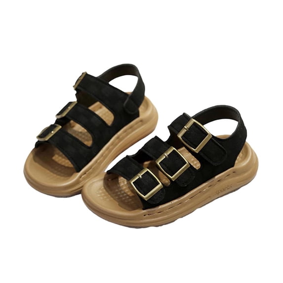 Walking Sandals Boys Girls Faux Leather Anti-Slip Adjustable Buckle Comfortable Beach Sandals Open Toe Low Heel Black 9(24)