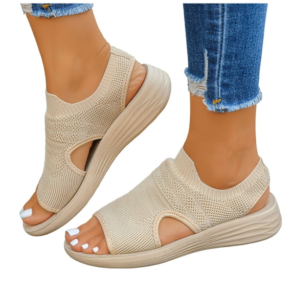Walking Sandals Women Platform Soft Sole Elastic Mesh Slip on Flat Shoes Open Toe Comfy Arch Support Beach Shoes Beige Size 7