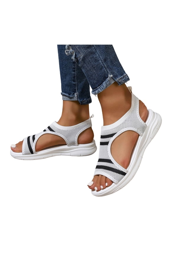 Walking Sandals for Women Breathable Mesh Stretch Knitted Comfy Soft Sole Slip on Flat Shoes Lightweight Summer Outdoor Athletic Shoes White Size 9