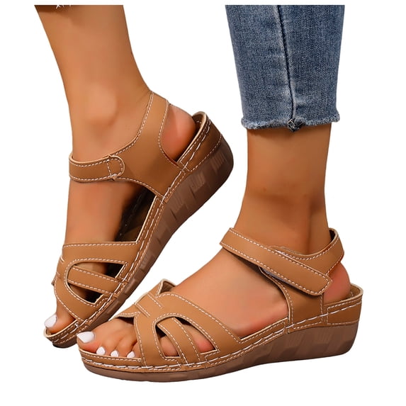Walking Sandals for Women Trendy Crooss Strappy Open Toe Wedges Comfy Arch Support Orthopedic Shoes Ankle Strap Summer Heels Brown Size 9.5