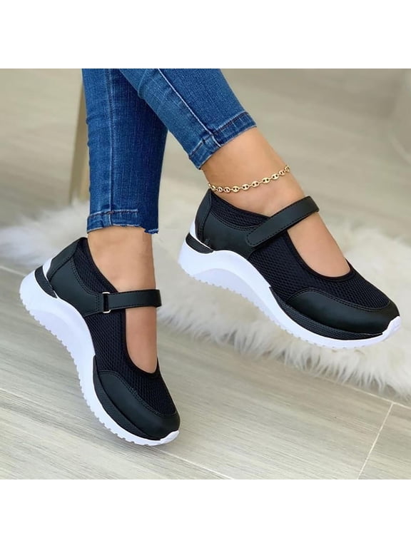 Walking Shoes Women Dressy Summer Platform Round Toe Breathable Mesh Hook and Loop Sandals Comfortable Outdoor Ladies Casual Non-Slip Sneakers
