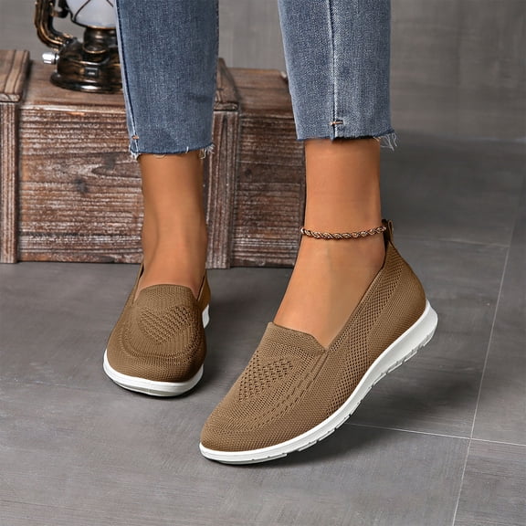 Walking Shoes Women Knitted Mesh Breathable Non Slip Womens Flats Classic Arch Support Slip On Shoes Women Comfortable Round Toe Flats for Women,Camel#40