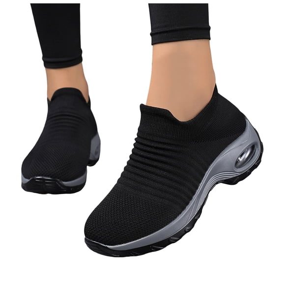 Walking Shoes Women Stretch Knit Slip on Sock Shoes Orthopedic Arch Support Air Cushion Sneakers Slip on Loafers Black Size 11