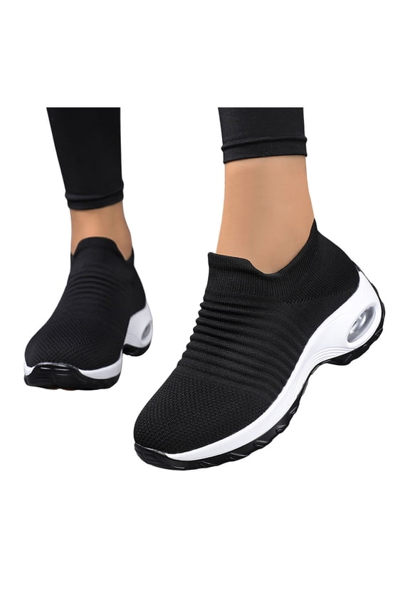 Walking Shoes Women Stretch Knit Slip on Sock Shoes Orthopedic Arch Support Air Cushion Sneakers Slip on Loafers Black Size 7