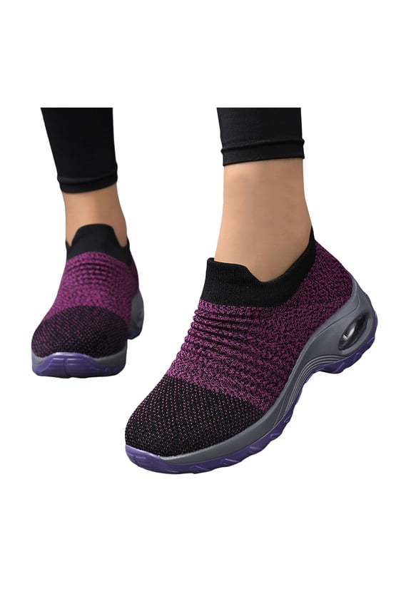 Walking Shoes Women Stretch Knit Slip on Sock Shoes Orthopedic Arch Support Air Cushion Sneakers Slip on Loafers Purple Size 9.5