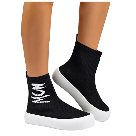 Walking Shoes Women Stretch Knit Sock Shoes Casual Platform Booties Slip on High Top Letter Print Fashion Sneakers Black Size 7