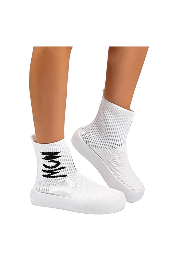 Walking Shoes Women Stretch Knit Sock Shoes Casual Platform Booties Slip on High Top Letter Print Fashion Sneakers White Size 7.5