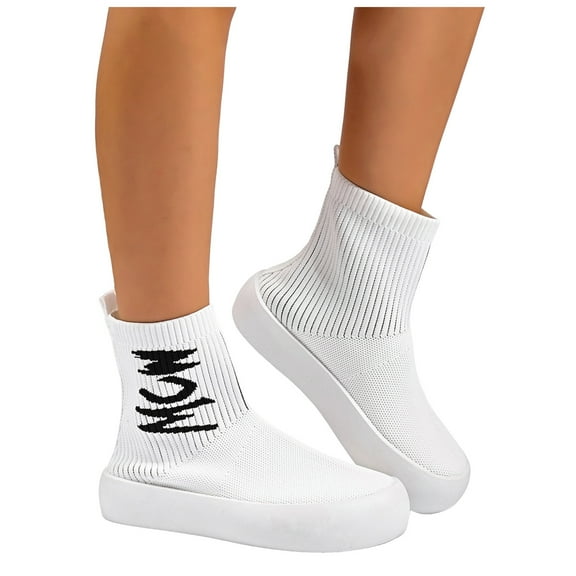 Walking Shoes Women Stretch Knit Sock Shoes Casual Platform Booties Slip on High Top Letter Print Fashion Sneakers White Size 8