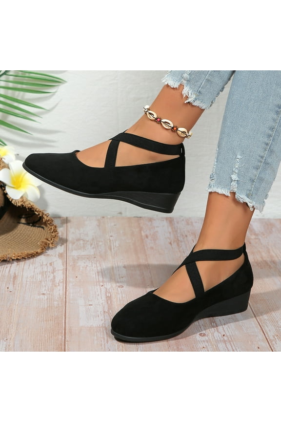 Walking Shoes Women, Widestep Shoes for Women, Woman Mary Jane, Women's Dress Flats Ballet Low Wedge Round Toe Fashion Elastic Ankle Strap Comfortable Casual Flats Shoes, Black 7