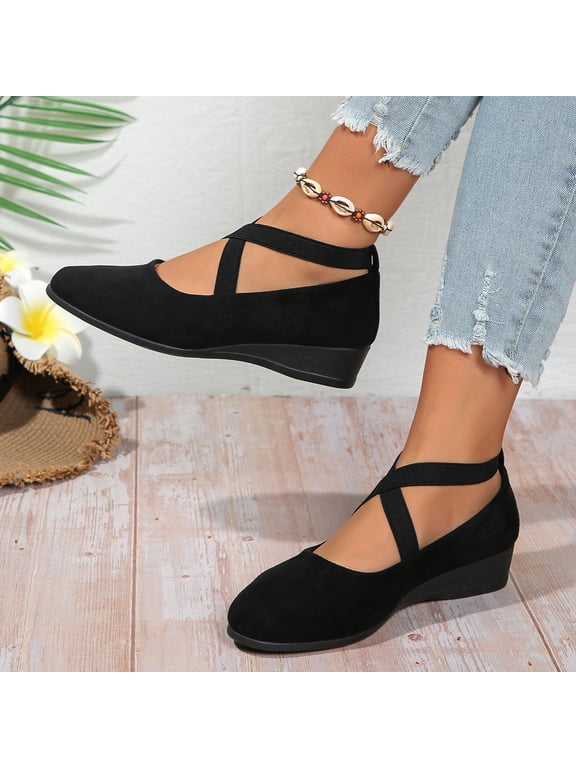 Walking Shoes Women, Widestep Shoes for Women, Woman Mary Jane, Women's Dress Flats Ballet Low Wedge Round Toe Fashion Elastic Ankle Strap Comfortable Casual Flats Shoes, Black 7