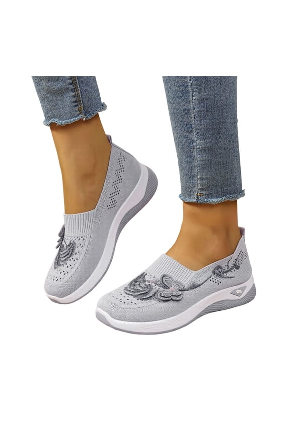 Walking Shoes for Women 3D Floral Embroidery Knit Mesh Slip on Loafers Lightweight Antislip Nursing Shoes Gray Size 7