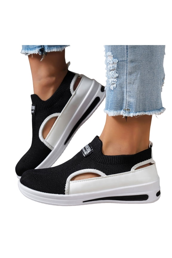 Walking Shoes for Women Hollow out Mesh Loafers Antislip Platform Sneakers Fashion Color Block Slip on Casual Footwear Black Size 7.5