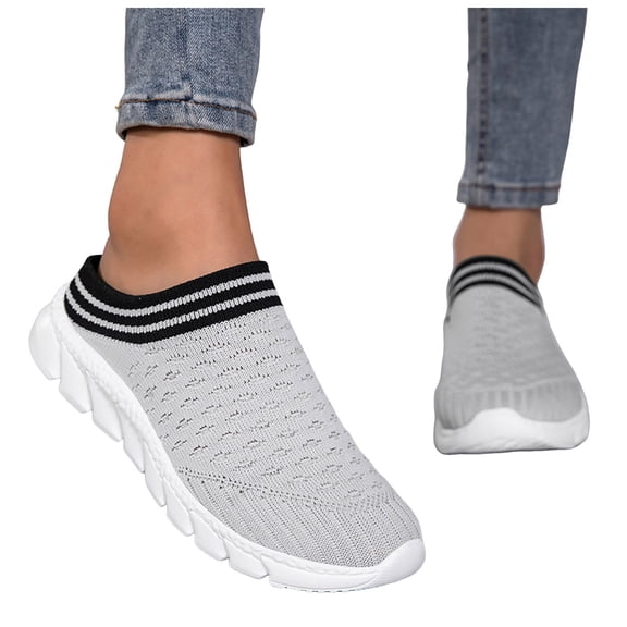 Walking Shoes for Women Knit Mesh Breathable Slip on Mules Shoes Casual Soft Sole Cushioning Slippers Beach Shoes Sandals Gray Size 6