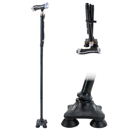 Walking Stick Cane Folding with LED Light, Quad Pivoting Base and Ergonomic Handle - 5 Adjustable Heights, Collapsible, Portable, Lightweight, Self-Standing Mobility Aid, Ideal for Seniors