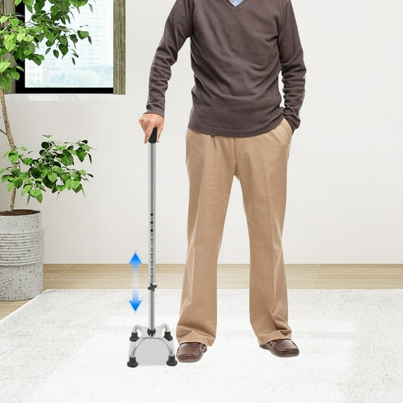 Walking Stick with 4 Feet, Modern Silver Adjustable Walking Aid, Load-bearing Capacity 100kg/220.46 lbs