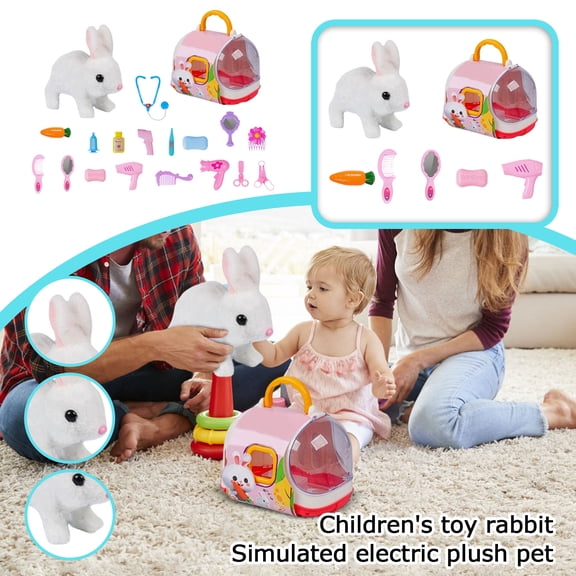 Walking Talking Simulated Electric Plush Pet Gift Set (Rabbit), 1 Plush Rabbit With Realistic Walking & Talking Functions, 1 Carrying Cage, 5 Interactive Accessories