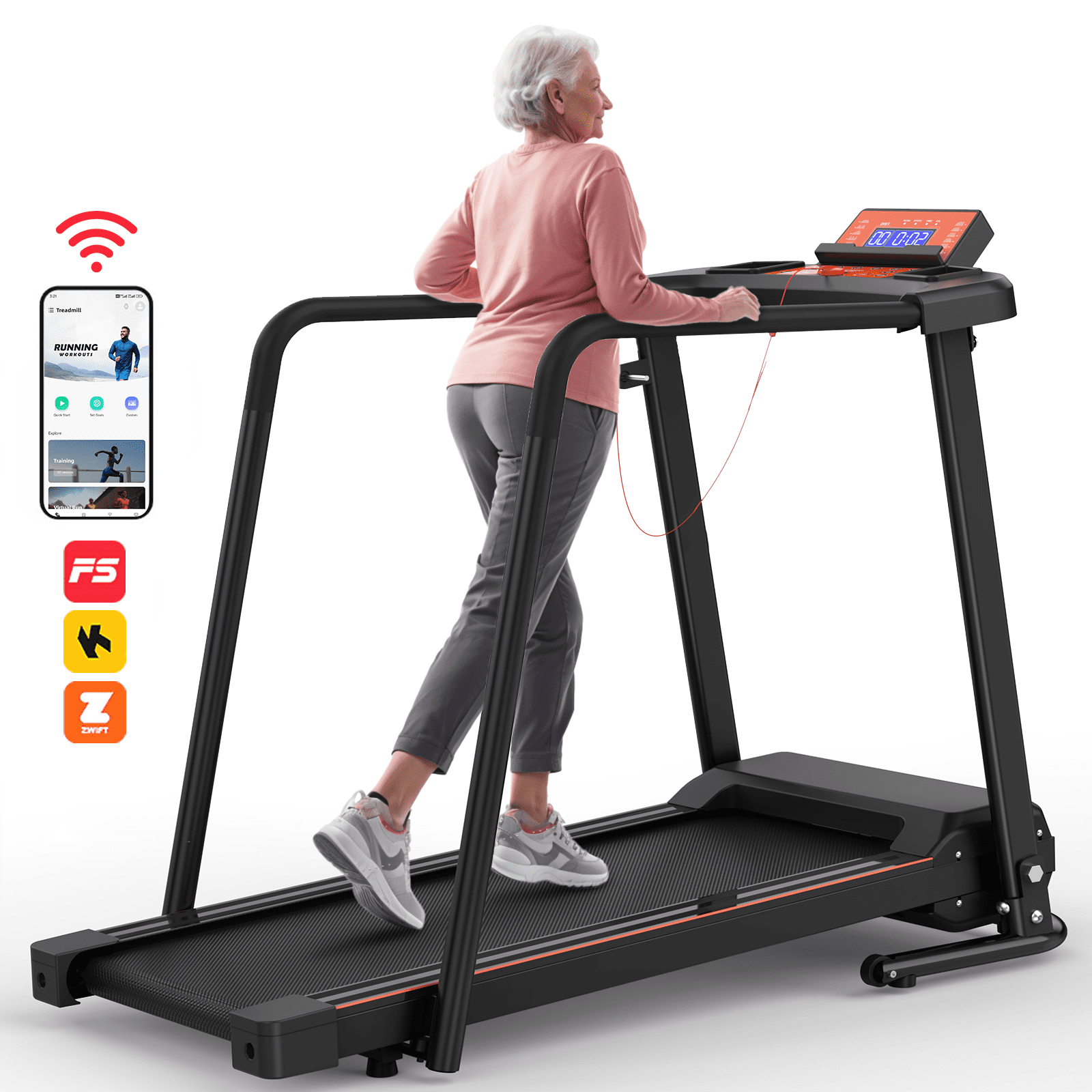 imerelez 3.0HP Walking Treadmill for Seniors - Extended Safety Handrails, 300LB Capacity, Foldable Design for Elderly Home Use​