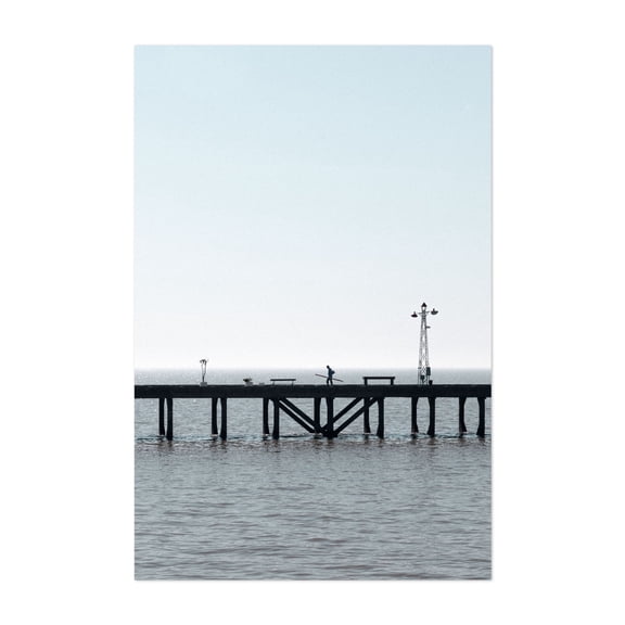 Walking alone - Buenos Aires Argentina Photography Seascape Minimalist Silhouette Ocean Boardwalk Water Unframed Wall Art Print 20 x 28 inches