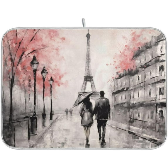 Walking in Eiffel Tower Dish Drying Mat, Absorbent Microfiber Pad Protector For Kitchen Counter Top Mat Dish Drainboard 18x24in Home Decor