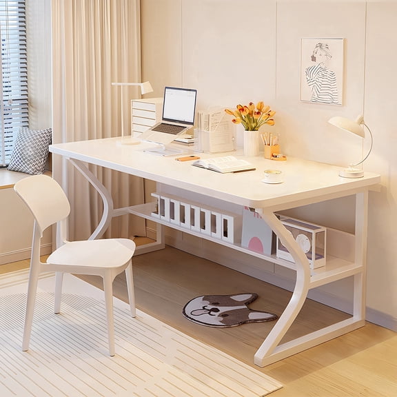 Walktory Computer Desk with Bookshelf, 47.2 inch, Storage Shelf, White