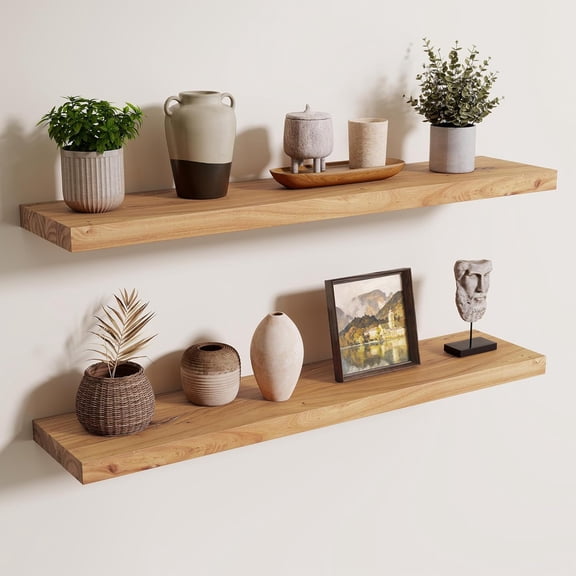 for Wall, 8 Inch Deep Rustic Solid Elm Wood Wall Shelves for Storage, Wall Mounted Display Shelving with Invisible Heavy-Duty Metal Bracket, 36'' Width Set of 2, Natural