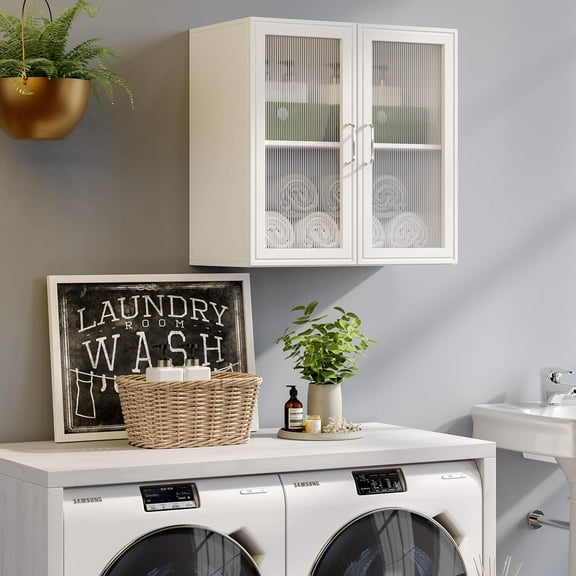Wall Amount Cabinet for Laundry, Kitchen, Bathroom or Office Storage with Acrylic Soft Glass 2 Doors