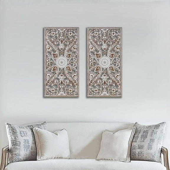 Wall Art 2 PCS Botanical Panel Distressed Carved Wood Wall Decor Set,Wall Decals