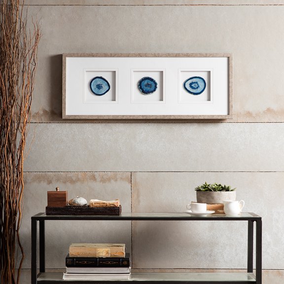 Wall Art 34" x 13" Blue Agate Stone & Wood Framed Glass Dcor