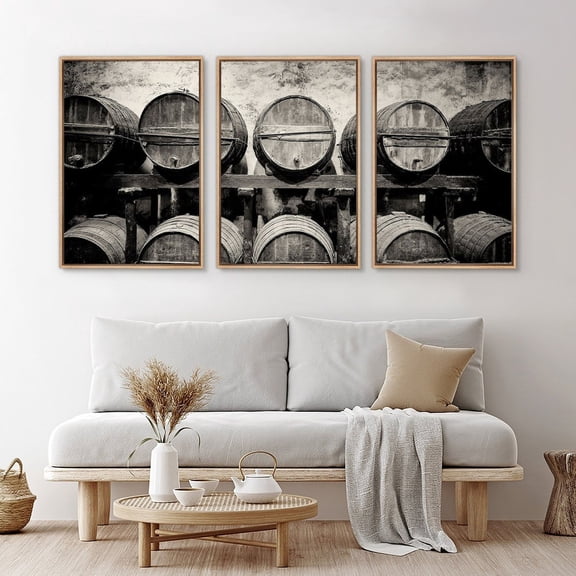 Wall Art Barrels Stacked In The Winery Prints Rustic Art Modern Farmhouse Wall Decor, Stretched Canvas