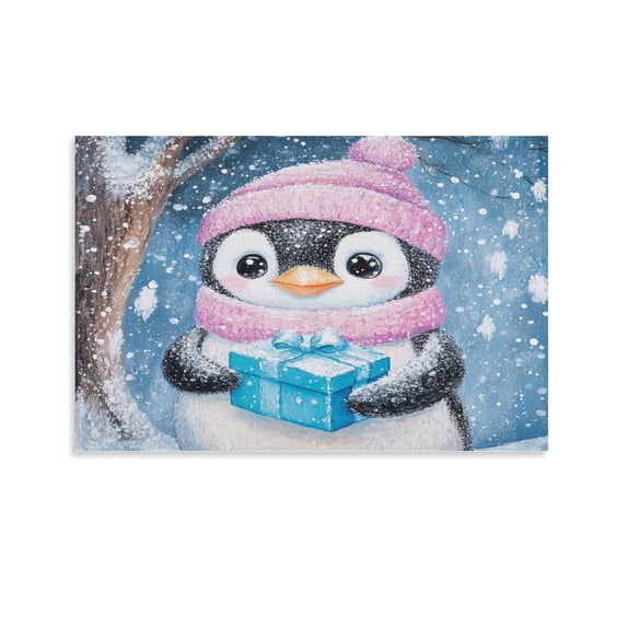 Wall Art for Bathroom Christmas Penguin Wearing A Pink Scarf And Hat Canvas Picture Winter Holiday Decor Canvas Prints Wall Decor For Bathroom Living Room Bedroom Office Kitchen 24x36inch Unframed