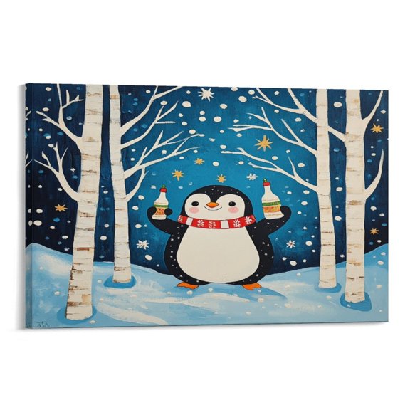 Wall Art for Bathroom Happy Penguin Merry Christmas Canvas Wall Art Snow Winter Animal Penguin Canvas Print Canvas Wall Art Artwork Wall Art For Kitchen 08x12inch Framed Artwork