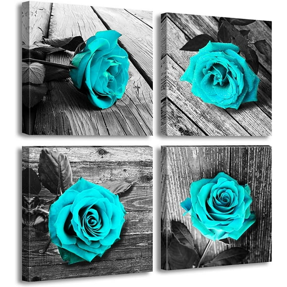 Wall Art for Bedroom Decor Women Living Room Accessories Canvas Prints Turquoise Flower Pictures Black and White Teal Rose Floral Paintings 4 Pieces/Sets Modern Posters Framed Artwork Decorations