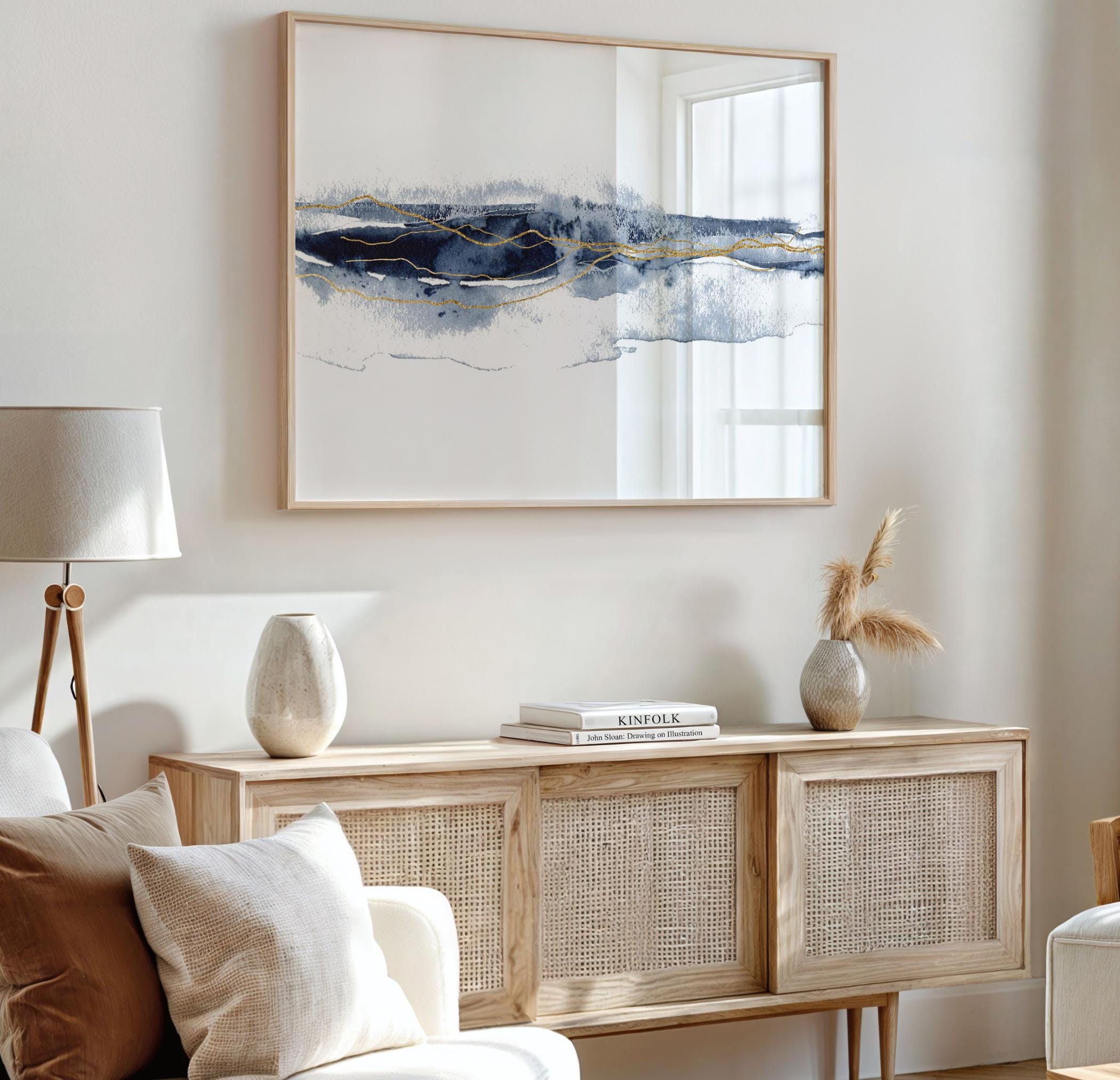 View of Wall Art - Blue Horizon Abstract With Gold, Modern Minimalist ...