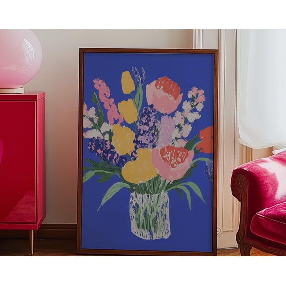 Wall Art, Bold Floral Bouquet Print, Blue Background Decor, Colorful Still Life Art, Dopamine Decor, Dining Room Wall Art, Modern Aesthetic, 12x18 UNFRAMED