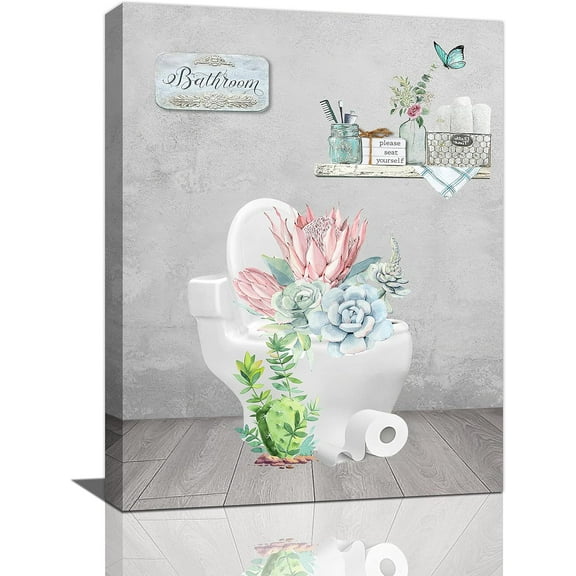 Wall Art Botanical Plant Succulent Canvas Prints Painting Please Seat Yourself Bathroom Pictures Framed Green Cactus Modern Artwork Office Home Decorations for Toilet Bathroom Restroom 12"x16"