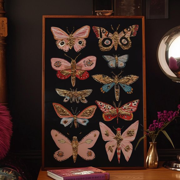 Wall Art, Butterfly Moth Poster, Whimsical Insect Print, Dark Academia Decor, Maximalist Bug Art, Boho Entomology Wall Illustration Wall Art, Modern Wall Decor For Living Room, 8x12 UNFRAMED