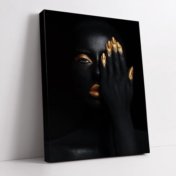 Wall Art Canvas Painting with Frame (12×16 inch), Golden Makeup Black Woman Portrait Artwork African American Wall Art Modern Wall Decor For Living Room Bathroom Hallway, 02-HRXX02