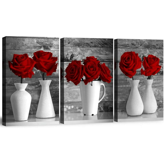 Wall Art Canvas Red Rose Painting Flower Wall Art Pictures For Bedroom Living Room 3 Piece Set Framed Home Decor Artworks 12"X16"