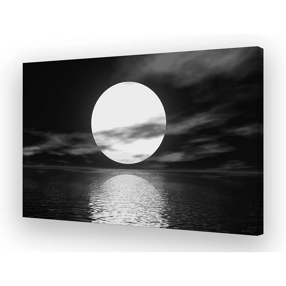 Wall Art Canvas Sea White Full Moon in Night Picture Canvas Poster Print Black and White Ocean for Living Room Bedroom Kitchen Home Decorations Unframed Artwork