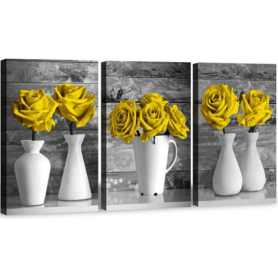 Wall Art Canvas Yellow Rose Painting Flower Wall Art Pictures For Bedroom Living Room 3 Piece Set Framed Home Decor Artworks 12"X16"