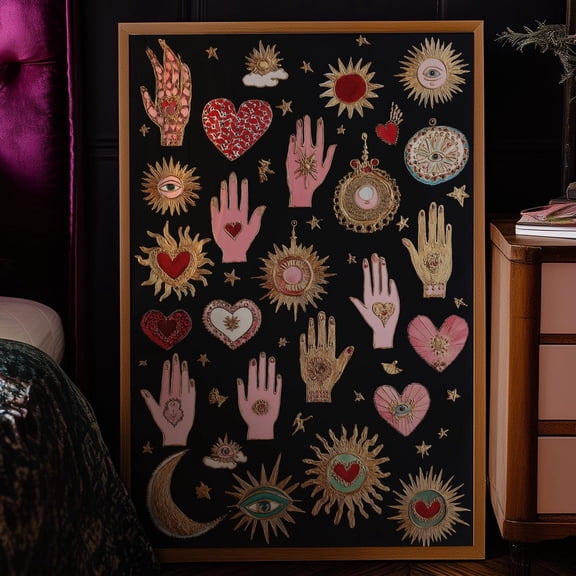 Wall Art, Celestial Hand Poster, Surreal Eye Print, Spiritual Decor, Sun Moon Art, Witchy Wall Art, Boho Folk Heart Print, Star Artwork Wall Art, Modern Wall Decor For Living Room, 8x12 UNFRAMED