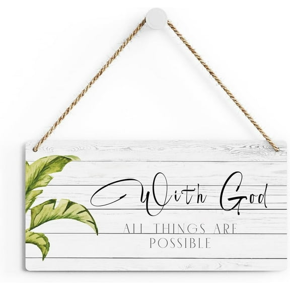 Wall Art Christian Rustic with God All Things Bible Verse Wood Decor Sign, Matthew 1926 Scriptures Printed Wood Sign, Hanging Door Sign, Decorative Wood Sign Home Decor 10x5 Inch